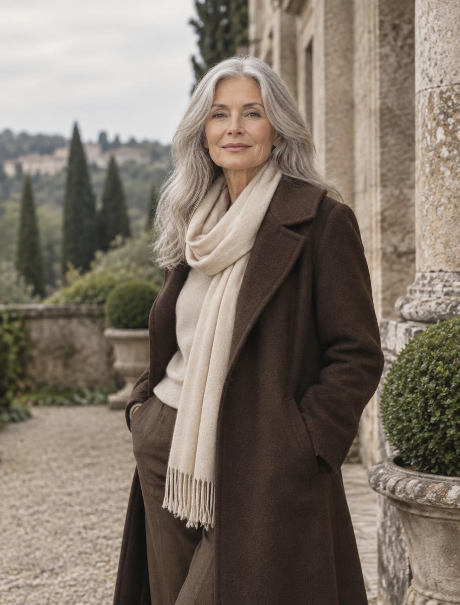 Silver-haired older woman in a brown coat standing outside a stone building