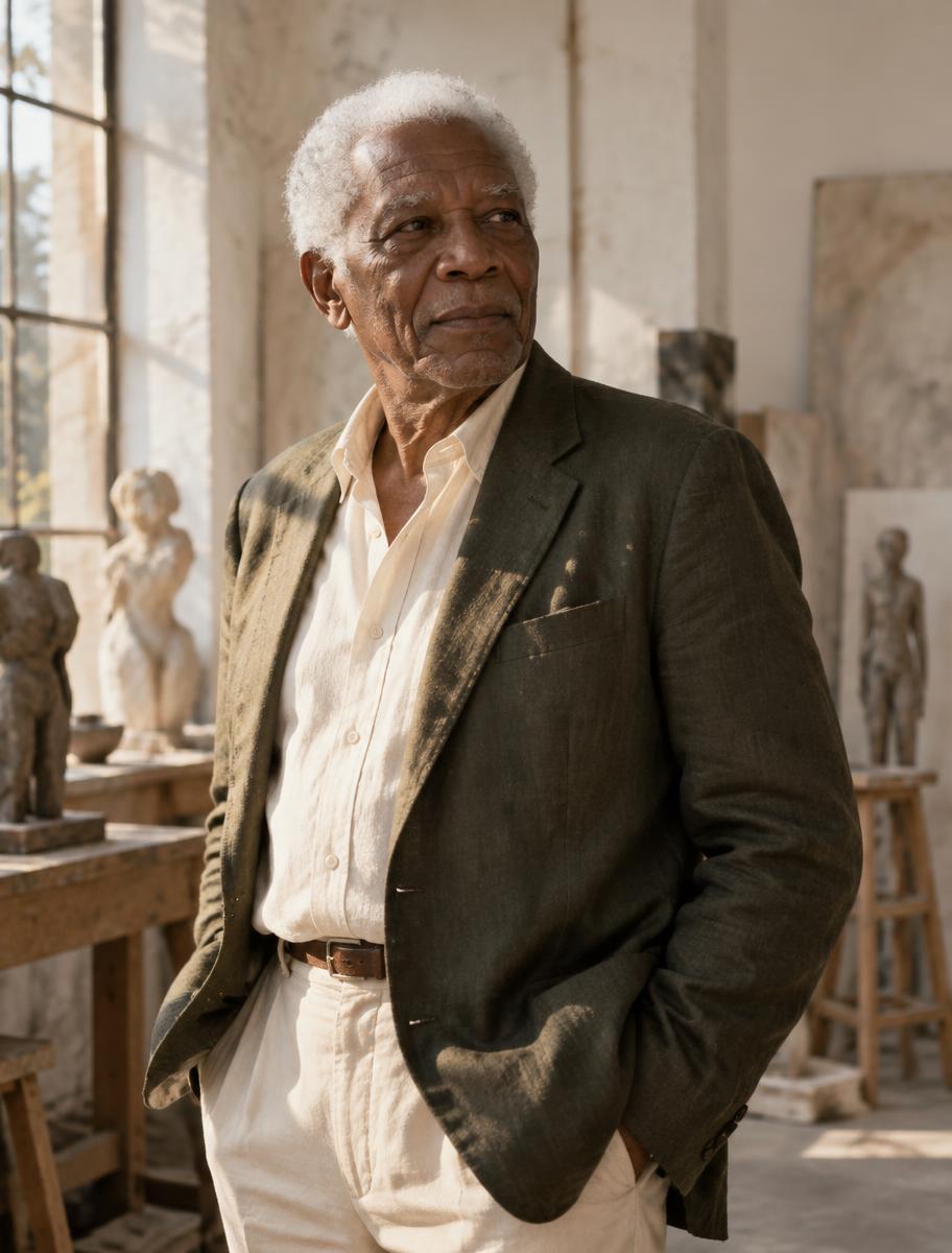 Distinguished older man with white hair in an olive jacket in an artist studio