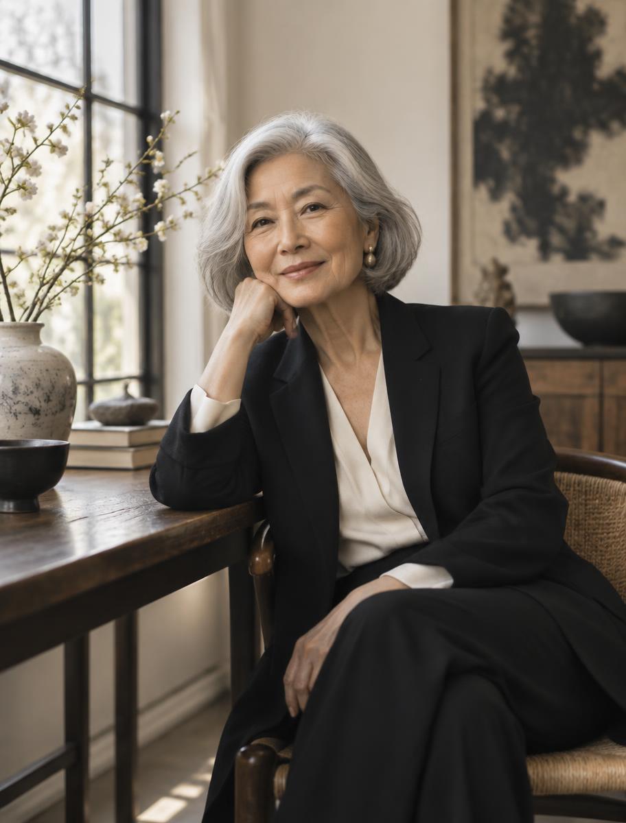 Older woman with a silver bob in a black jacket seated beside a window